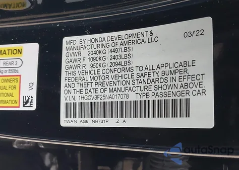 2022 Honda Accord Hybrid Sport z USA, uszkodzony, nr VIN 1HGCV3F25NA017078